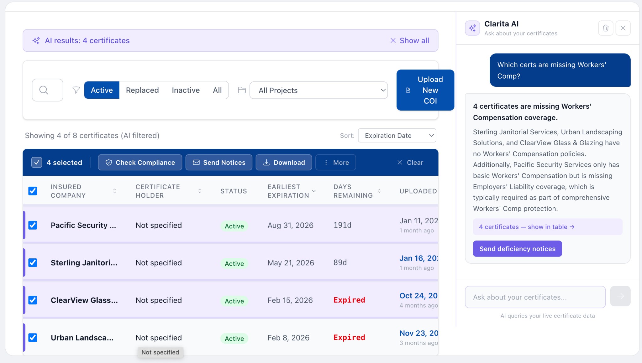 Clarita AI — certificates table with AI chat panel showing compliance results